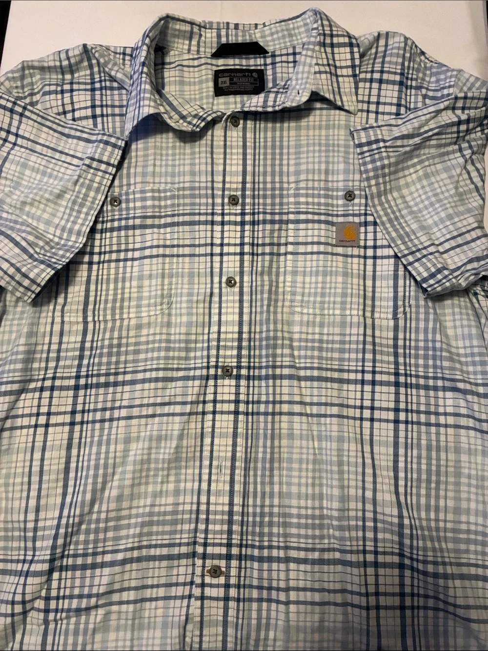 Carhartt Men’s Light Blue and Navy Plaid Short Sleeve Button-Down Shirt